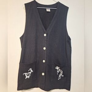 🇺🇸 vintage cactus small black button-up vest front back kokopelli graphic